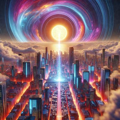 The primary subject of the image is a futuristic cityscape with a large, bright sun in the sky. The city is filled with tall buildings, and the sun appears to be rising, creating a sense of hope and renewal. The visual style of the image is digital art, with a vibrant color palette that includes reds, oranges, and purples. The overall atmosphere of the image is dynamic and energetic, reflecting the excitement and growth of the futuristic city.